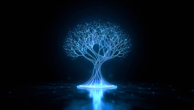 Futuristic glowing decision tree illustration showing branching luminous network representing artificial intelligence and strategic decision making