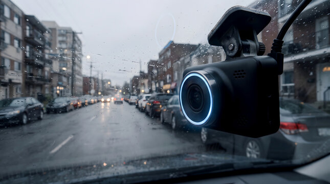 Dashboard camera records the rainy urban street traffic from behind the front windshield of a vehicle.