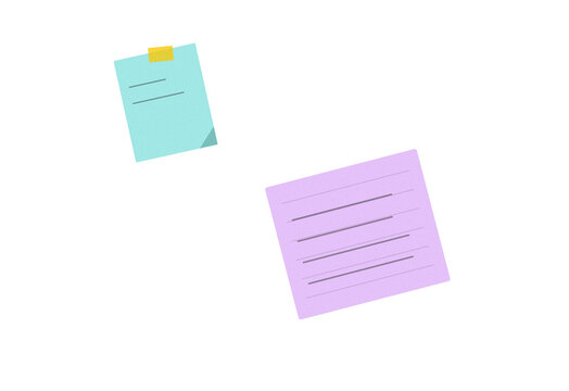 Two colorful sticky notes with handwritten text and a yellow tape piece attached to a light blue paper for office work and organization tasks in a simple flat vector illustration style
