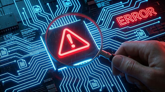 Magnifying glass focused on glowing red exclamation mark symbol on dark electronic circuit board represents technical issue identification and computer hardware diagnostics task.