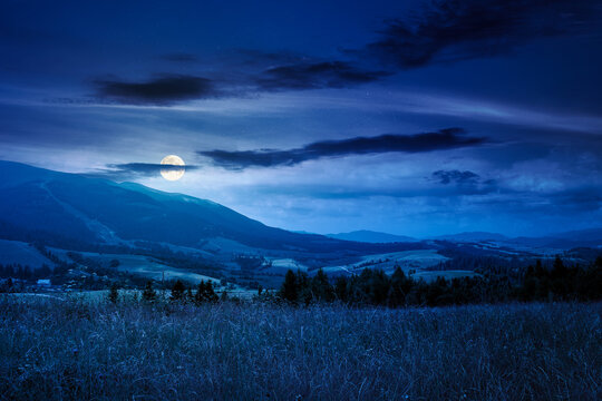 countryside mountain landscape in summer at night. full moon over lush grassy pasture on a hill near forest. rural outdoor adventure background. mysterious highland of ukraine