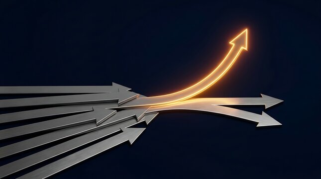 Multiple silver arrows merge into one distinctive golden arrow curving upward signifying progress and unique path.
