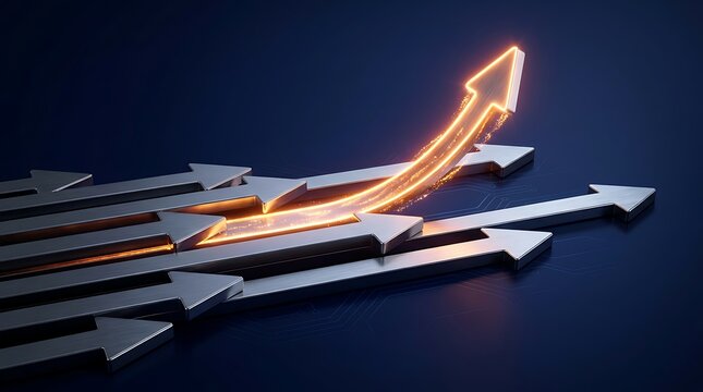Array of metallic arrows pointing right with one arrow breaking away and ascending with glowing orange energy.