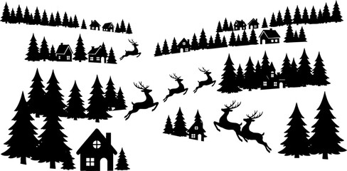 Fototapeta premium Winter Forest Silhouette Set with Reindeer and Houses