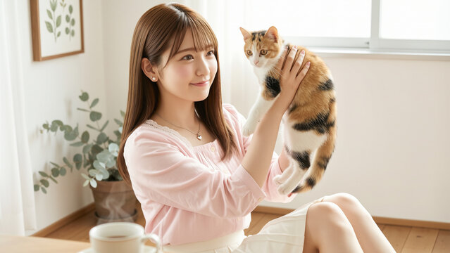 Young Japanese woman holding a calico cat at home