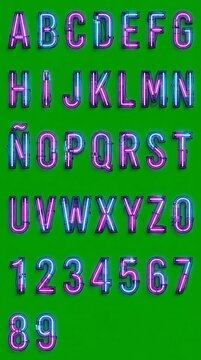 IA generated glowing pink and blue neon light alphabet letters set A to Z with letter &Ntilde; and numbers 1 to 9 on dark mounts, isolated on a green screen chroma key background for video editing.