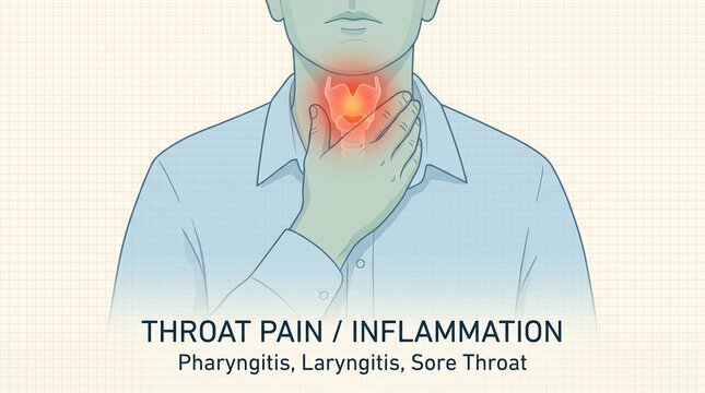 Throat pain and inflammation medical illustration. Man with sore throat, pharyngitis and laryngitis symptoms. Healthcare infographic.