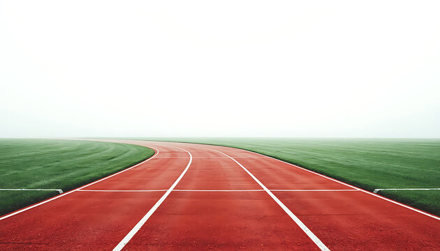 This is a stock photo of an empty red running track surrounded by green grass