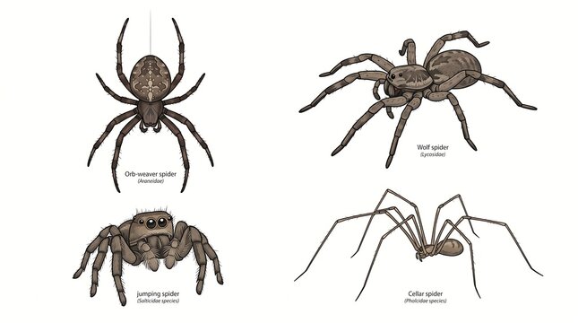 Scientific spider illustration set, orb weaver and wolf spider species, jumping spider and cellar spider collection on white background