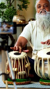 Indian mid age stylish bearded man taking online Tabla musical instrument playing class at home, experienced classical percussion tutor streaming lesson on smartphone in modern studio