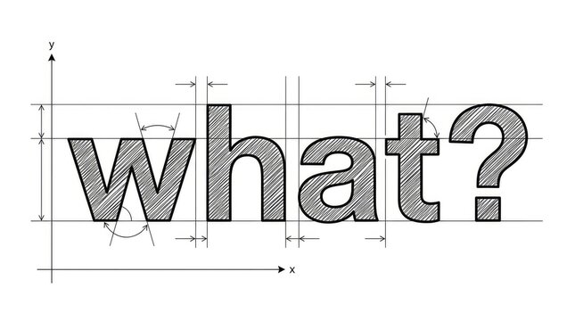 Large question mark typography with technical measurement grid overlay with precise engineering measurement dimensional text forming