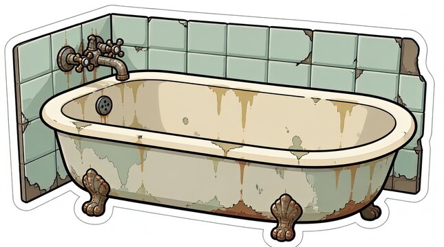 A grimy, vintage clawfoot bathtub with a rusty faucet and cracked, peeling tiles in a neglected bathroom setting. Illustration.