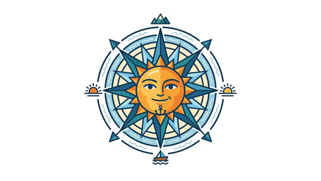 Nautical compass rose featuring smiling sun face centerpiece.