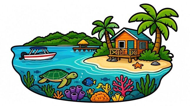 Charming cartoon tropical island paradise with a beach house, palm trees, boat, and vibrant coral reef life.