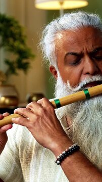 Indian mid age stylish bearded man practicing playing wooden flute musical instrument at home, dedicated classical bansuri performer doing daily riyaz session in modern home studio interior