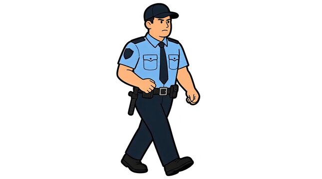 Cartoon Security Guard Walking in Uniform with Belt and Cap