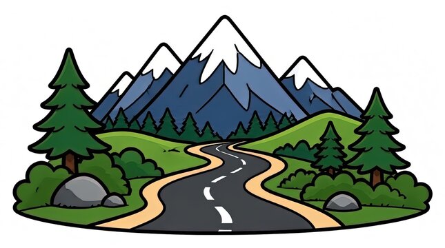 Cartoon Road Leading to Snow-Capped Mountains, Lush Green Hills and Evergreen Trees