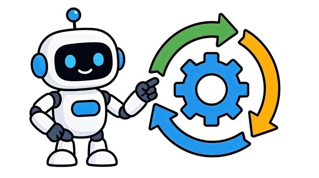 Friendly robot points to circular arrows and gear symbol, representing automation, workflow, and efficiency in technology and AI.
