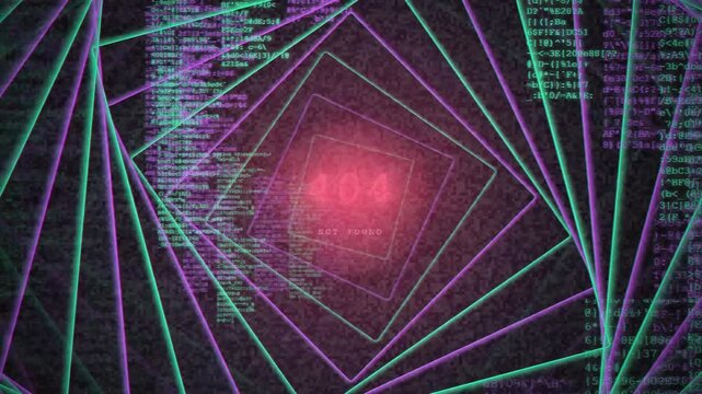 Abstract Digital Cyber Space Background with Glowing 404 Error Message and Scrolling Code Data