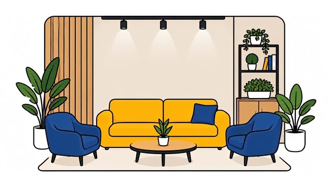Modern Office Lounge Area with Blue Armchairs, Yellow Sofa, Coffee Table, Plants and Bookshelf - Flat Design Vector Illustration
