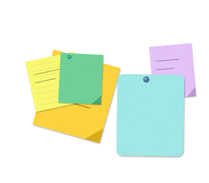Colorful sticky notes pinned on a wall for office organization planning and creative brainstorming sessions with blank paper sheets for writing messages and reminders in a bright workspace