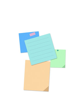 Colorful sticky notes paper sheets for reminders and office organization tasks arranged in a casual stack to keep track of important daily messages and creative ideas for work or home