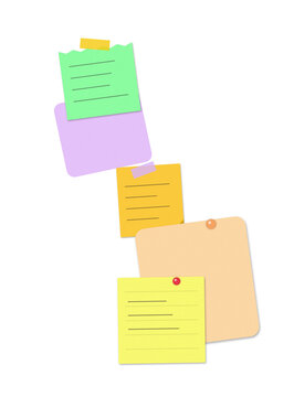Colorful sticky notes and memo paper sheets attached with tape and pins for reminders and office tasks organized in a creative way for planning projects and daily work schedules