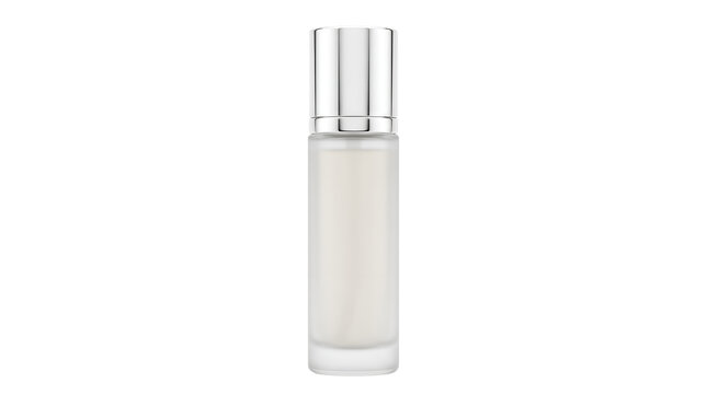 Empty glass cosmetic spray bottle with a shiny silver cap