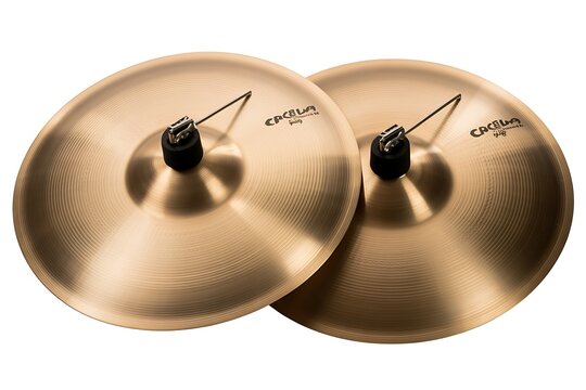 Pair of polished bronze cymbals on white background minimalist percussion setup