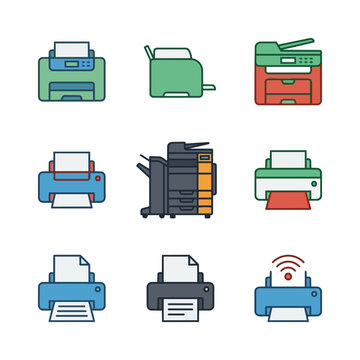 Collection of office printing and copying machine icons modern flat design style