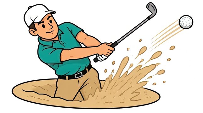 Cartoon Golfer Escaping Sand Trap with Dramatic Bunker Shot