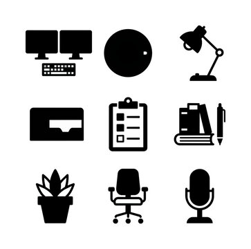 Office supplies and computer equipment icons for workspace organization and productivity
