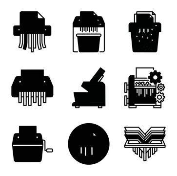 Paper shredder icons in various styles for document destruction and security