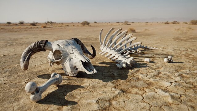 Bleached animal skull and ribcage on cracked desert earth