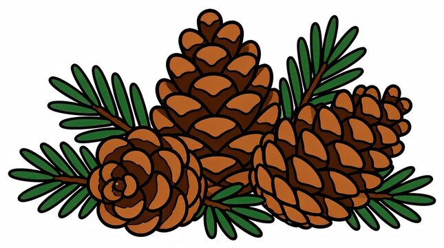 Whimsical Pine Cones and Evergreen Sprigs - Flat Cartoon Vector Illustration