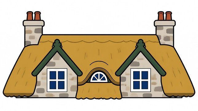 Charming illustration of a traditional thatched cottage roof with stone walls, chimneys, and dormer windows.