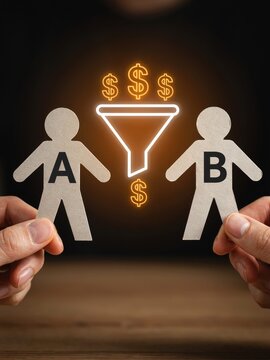 Hands holding paper cutout figures a and b with glowing sales funnel