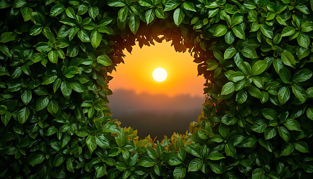 This image features a circular opening in a dense wall of green ivy, showcasing the sunrise
