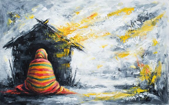 Impressionist oil painting of a person in a striped shawl sitting before a hut