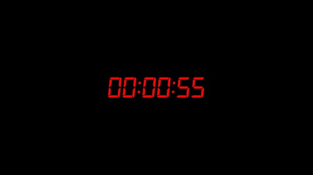 digital animated One minute countdown animation on a transparent background, 1 minute c countdown timer from 60 to 0 second with alpha channel, one minute  countdown video	