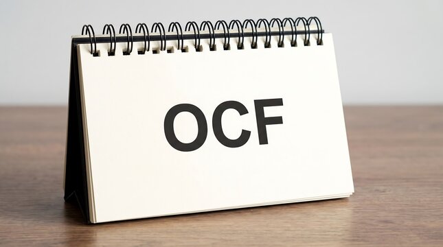 OCF acronym on spiral notepad, Operating Cash Flow financial concept on desk, business accounting and liquidity management