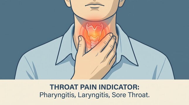 Sore throat pain indicator illustration, medical diagram of pharyngitis and laryngitis, man touching inflamed neck area