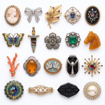 Set of vintage brooches and trinkets on a white background for retro fashion and jewelry design concepts