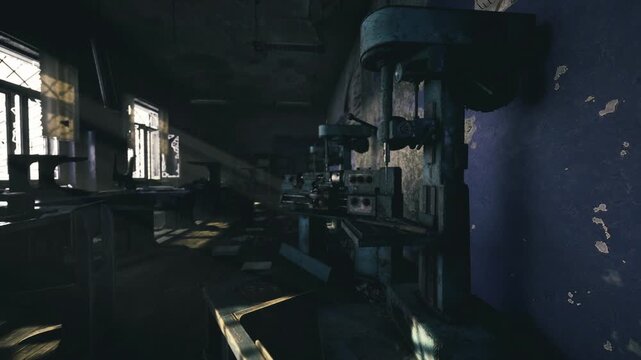 Silent control station with vintage panels and dials, conveyor lanes receding into darkness, cracked paint and scattered tools convey halted production