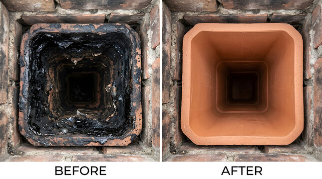 Chimney flue relining before and after | Professional fireplace cleaning service results | Terracotta flue liner replacement | Home chimney maintenance and fire safety