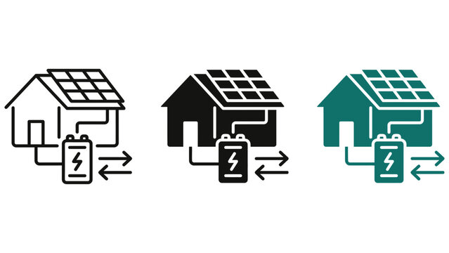 Solar energy system for residential homes, featuring rooftop solar panels connected to a battery storage unit with bidirectional power arrows