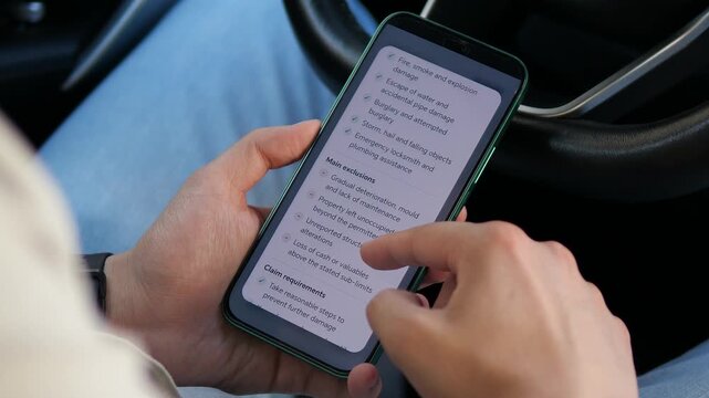 Person reviews a digital home insurance policy on a smartphone, checking coverage, exclusions and claim rules as households adapt to rising property and climate risks.