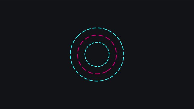 Pulsing neon concentric circles abstract motion animation 4k background, with dashed lines