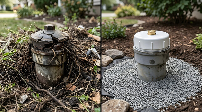 Sewer cleanout repair before and after|Replacing old broken cast iron sewer pipe|Residential plumbing maintenance and drainage fix|New PVC sewer cap installation in garden