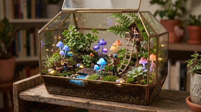 Miniature fairy garden terrarium with tiny figures glowing blue mushrooms treehouse and lush green plants inside glass container